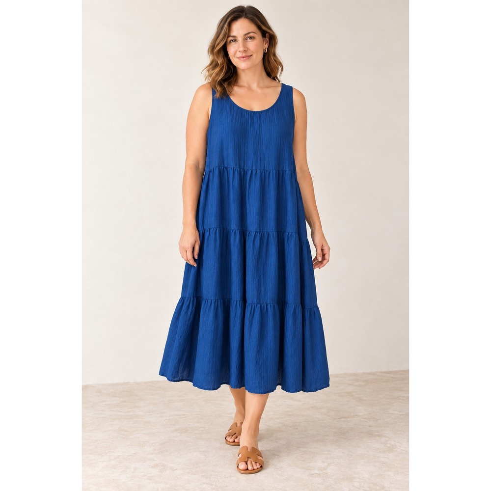 Eileen Fisher XL Blue 100% Silk Crushed Tiered Midi Maxi Dress Sleeveless